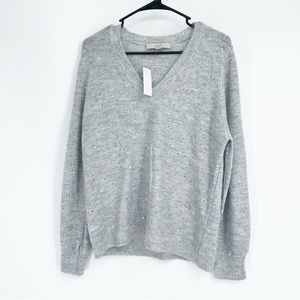 NWT Loft‎ Silver Gray Metallic V-Neck Sequin Sweater